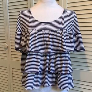 Anthropologie 9-H15 StCL Blue and White Striped Tiered Ruffle Short Sleeve Top L